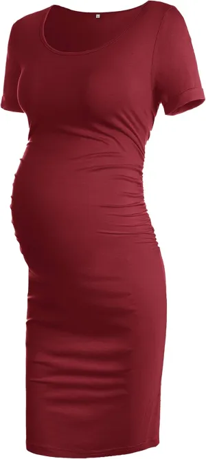MUSIDORA Solid Color & Floral Side Ruch Maternity Dress/Short Sleeve Bodycon Dress Baby Shower Daily Wear
