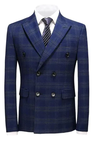Navy Blue Double Breasted Suit wedding for Men Plaid Prom Suits