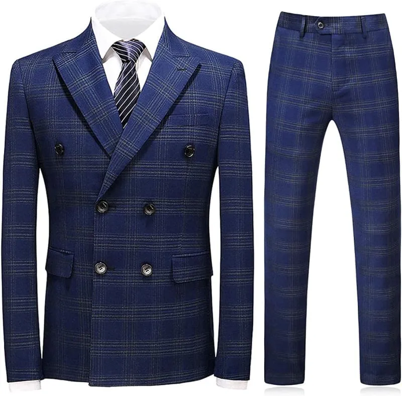 Navy Blue Double Breasted Suit wedding for Men Plaid Prom Suits