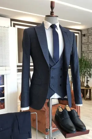 Navy Blue Peaked Lapel Three Pieces Formal Business Suits Slim Fit Wedding Suits