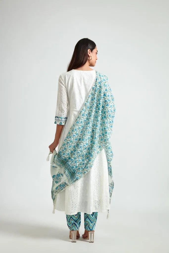 Neerus Women Off White  Blue Floral Yoke Design Kurta with Trouser  Dupatta
