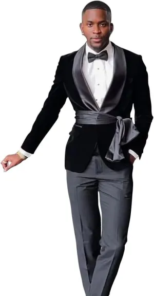 New Men Black Velvet Slim Fit Suit Jacket with Cummerbund Grooms Shawl Lapel Wedding Tuxedo