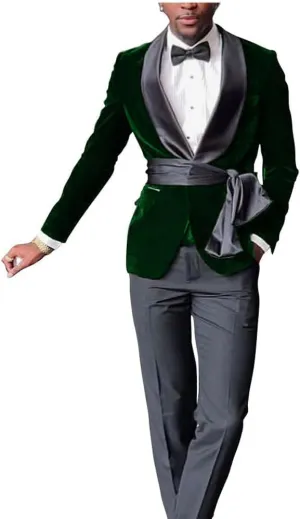 New Men Black Velvet Slim Fit Suit Jacket with Cummerbund Grooms Shawl Lapel Wedding Tuxedo
