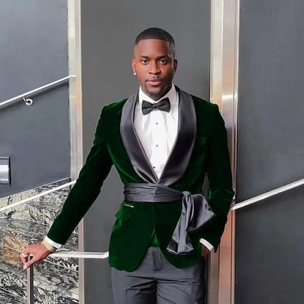 New Men Black Velvet Slim Fit Suit Jacket with Cummerbund Grooms Shawl Lapel Wedding Tuxedo