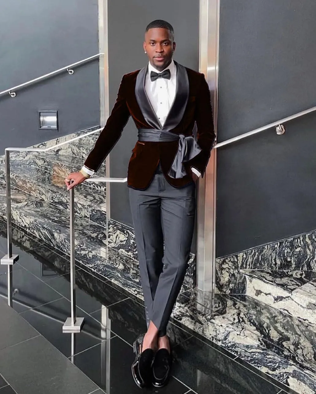 New Men Black Velvet Slim Fit Suit Jacket with Cummerbund Grooms Shawl Lapel Wedding Tuxedo