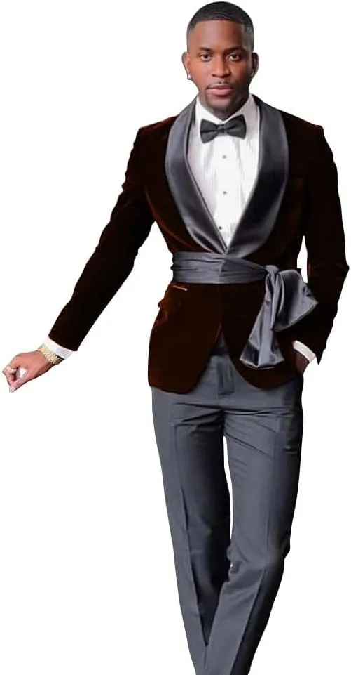 New Men Black Velvet Slim Fit Suit Jacket with Cummerbund Grooms Shawl Lapel Wedding Tuxedo