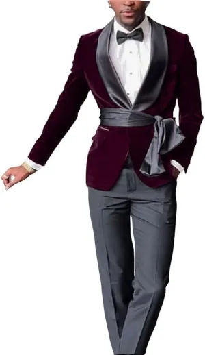 New Men Black Velvet Slim Fit Suit Jacket with Cummerbund Grooms Shawl Lapel Wedding Tuxedo