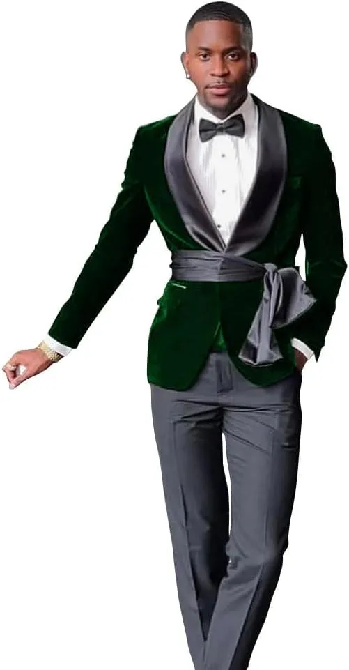 New Men Black Velvet Slim Fit Suit Jacket with Cummerbund Grooms Shawl Lapel Wedding Tuxedo
