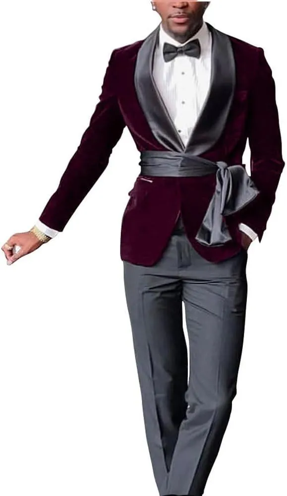New Men Black Velvet Slim Fit Suit Jacket with Cummerbund Grooms Shawl Lapel Wedding Tuxedo