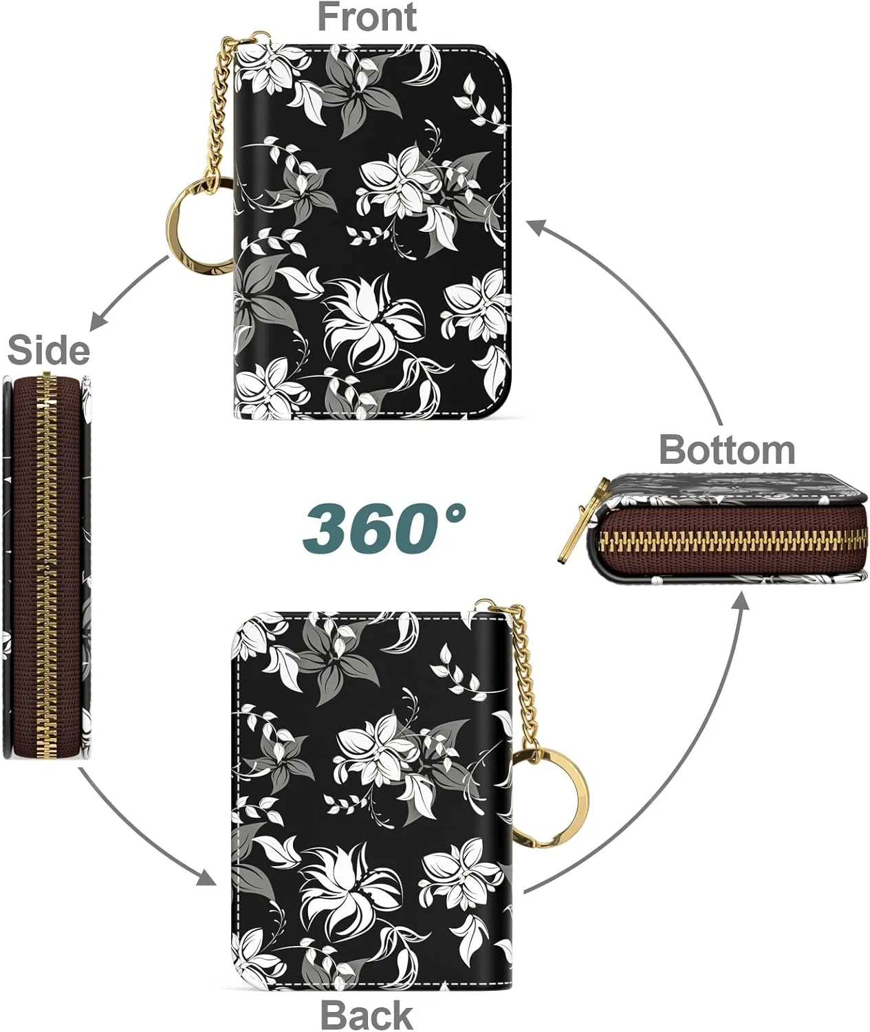 Nipichsha Women's Slim Leather RFID Wallet, Black Flower, Compact Size, 12-Slot with Zipper and Keychain