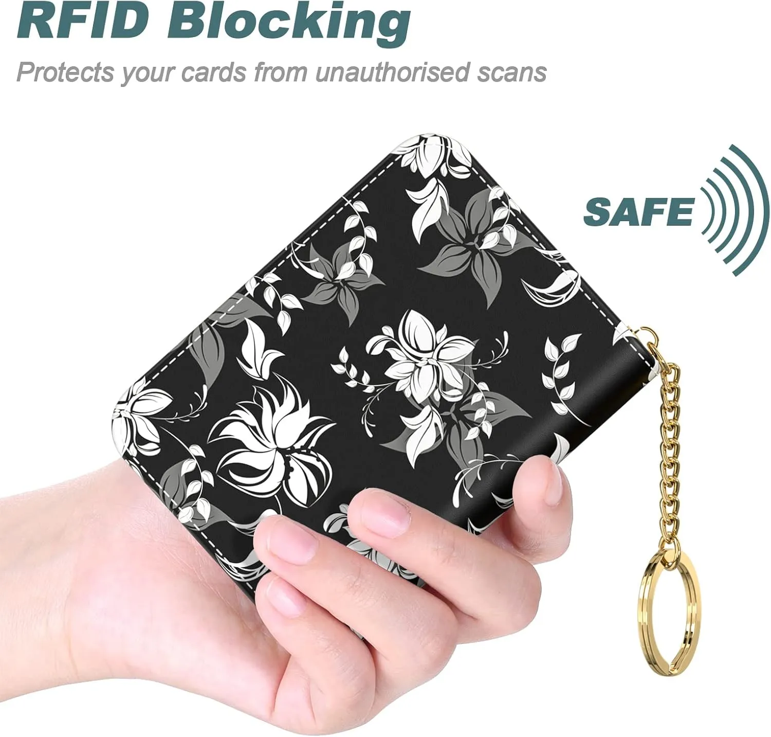 Nipichsha Women's Slim Leather RFID Wallet, Black Flower, Compact Size, 12-Slot with Zipper and Keychain
