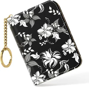 Nipichsha Women's Slim Leather RFID Wallet, Black Flower, Compact Size, 12-Slot with Zipper and Keychain
