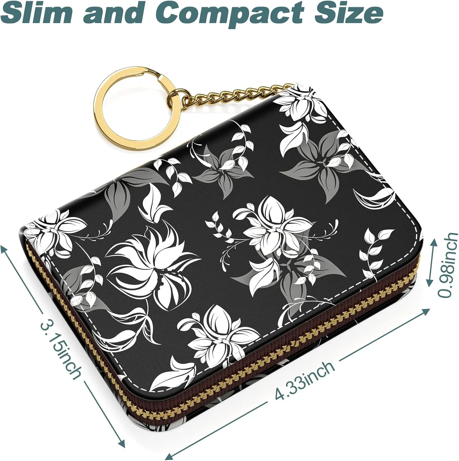 Nipichsha Women's Slim Leather RFID Wallet, Black Flower, Compact Size, 12-Slot with Zipper and Keychain