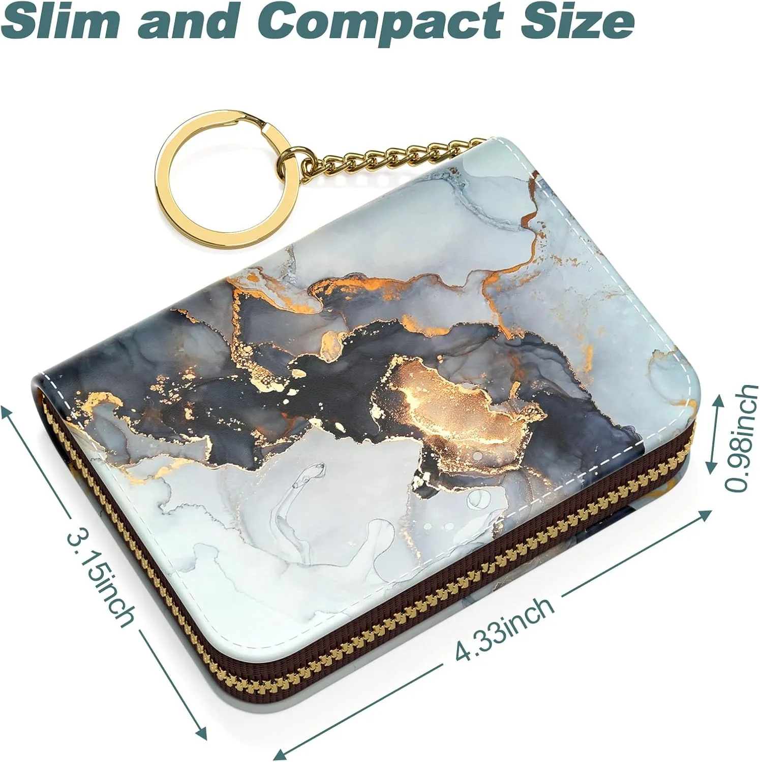 Nipichsha Women's Slim Leather RFID Wallet, Black Gold Marble, Compact Size, 12-Slot with Zipper and Keychain
