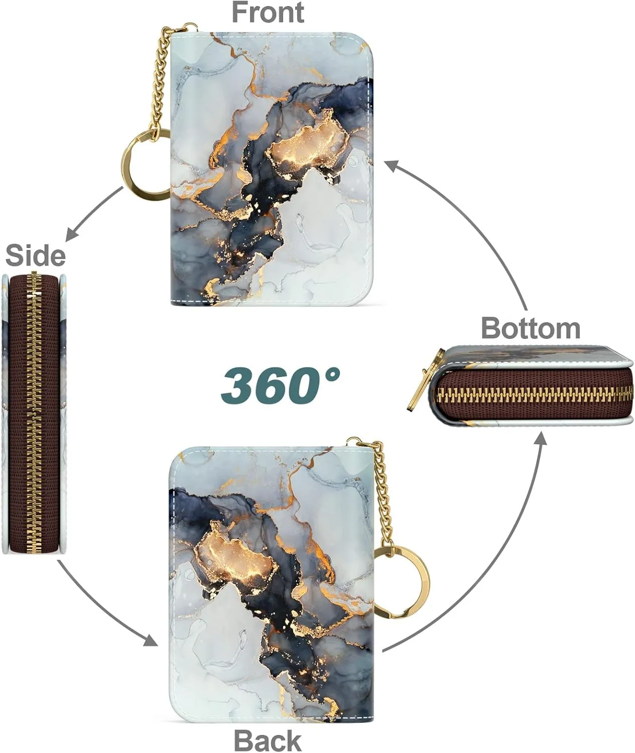 Nipichsha Women's Slim Leather RFID Wallet, Black Gold Marble, Compact Size, 12-Slot with Zipper and Keychain