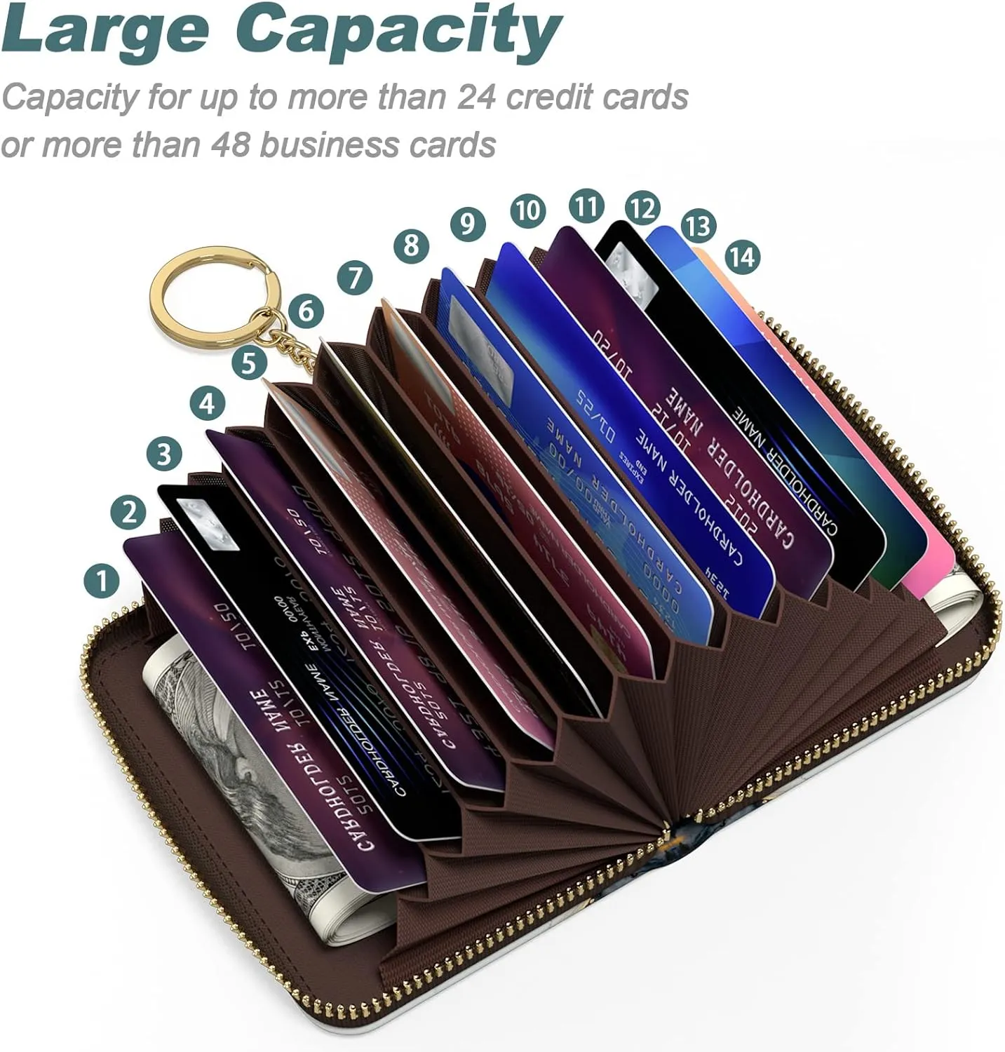 Nipichsha Women's Slim Leather RFID Wallet, Black Gold Marble, Compact Size, 12-Slot with Zipper and Keychain