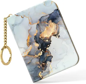 Nipichsha Women's Slim Leather RFID Wallet, Black Gold Marble, Compact Size, 12-Slot with Zipper and Keychain