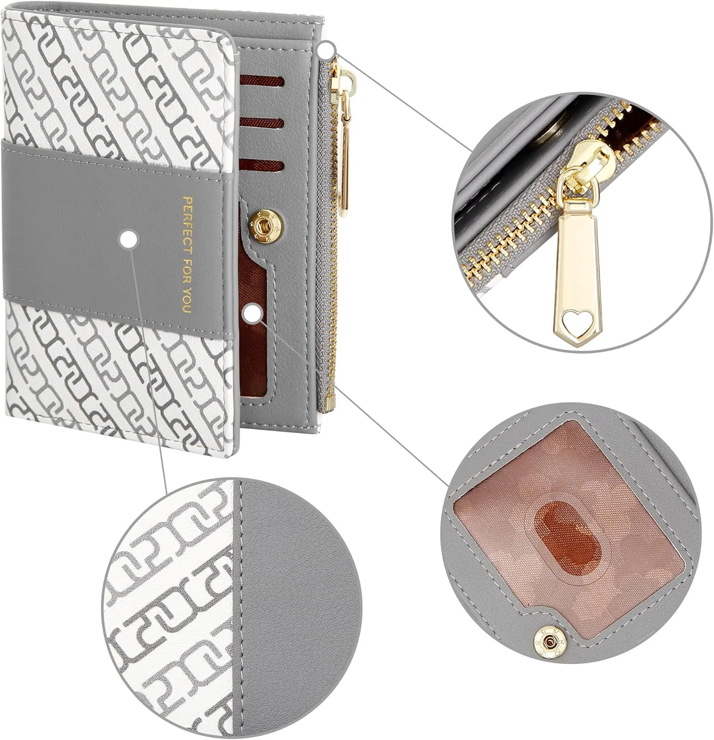 OIDERY Small Card Holder Wallet for Women, Bifold Compact Wallet with ID Window-Womens Wallet with Zipper Purse Grey