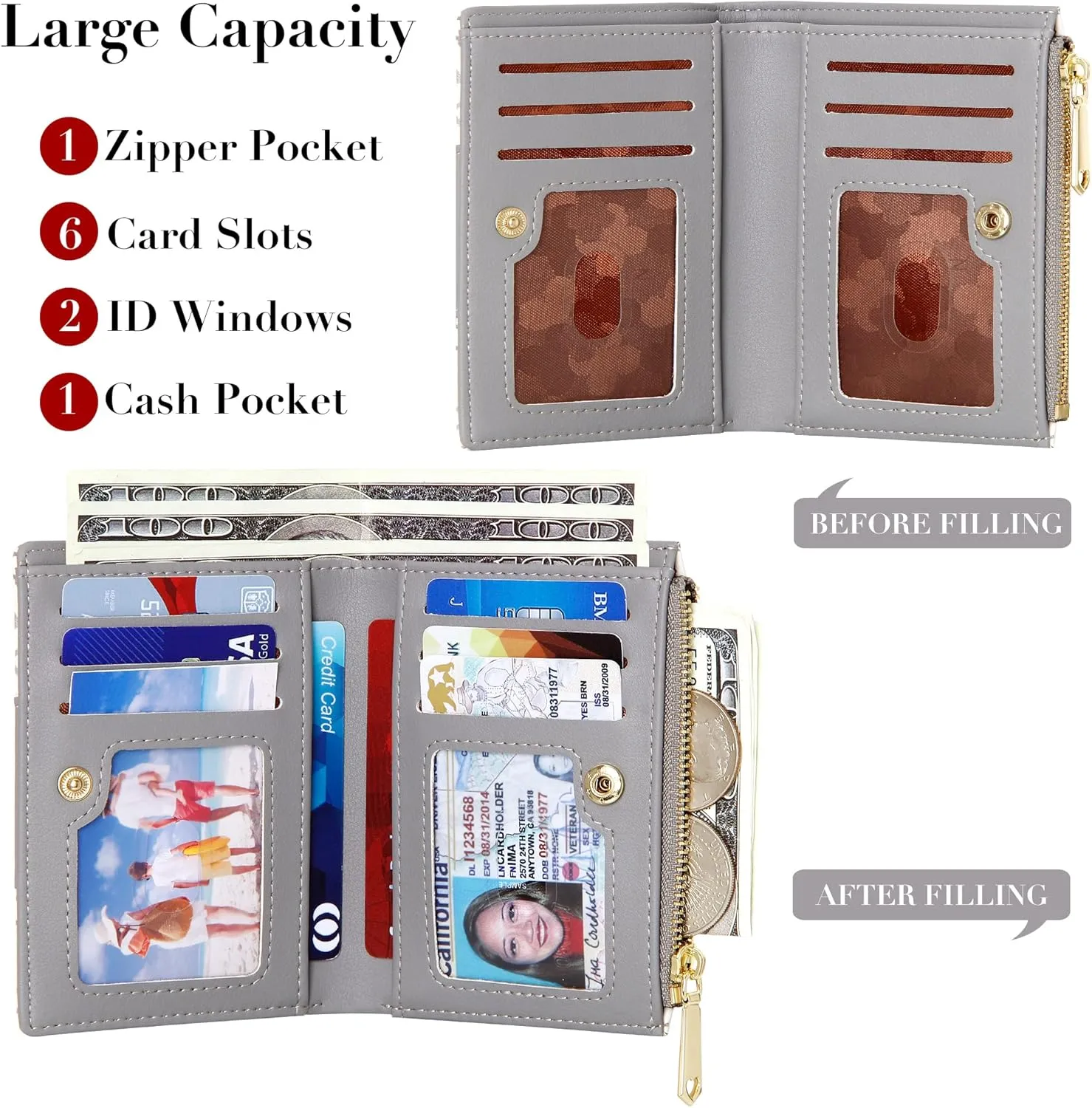OIDERY Small Card Holder Wallet for Women, Bifold Compact Wallet with ID Window-Womens Wallet with Zipper Purse Grey