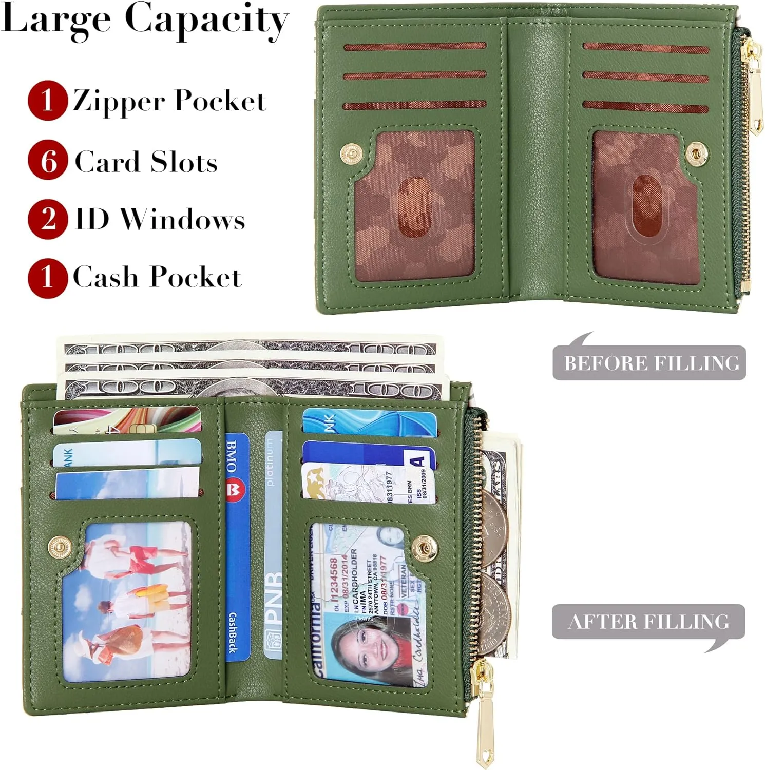 OIDERY Small Card Holder Wallet for Women, Bifold Compact Wallet with ID Window-Womens Wallet with Zipper Purse