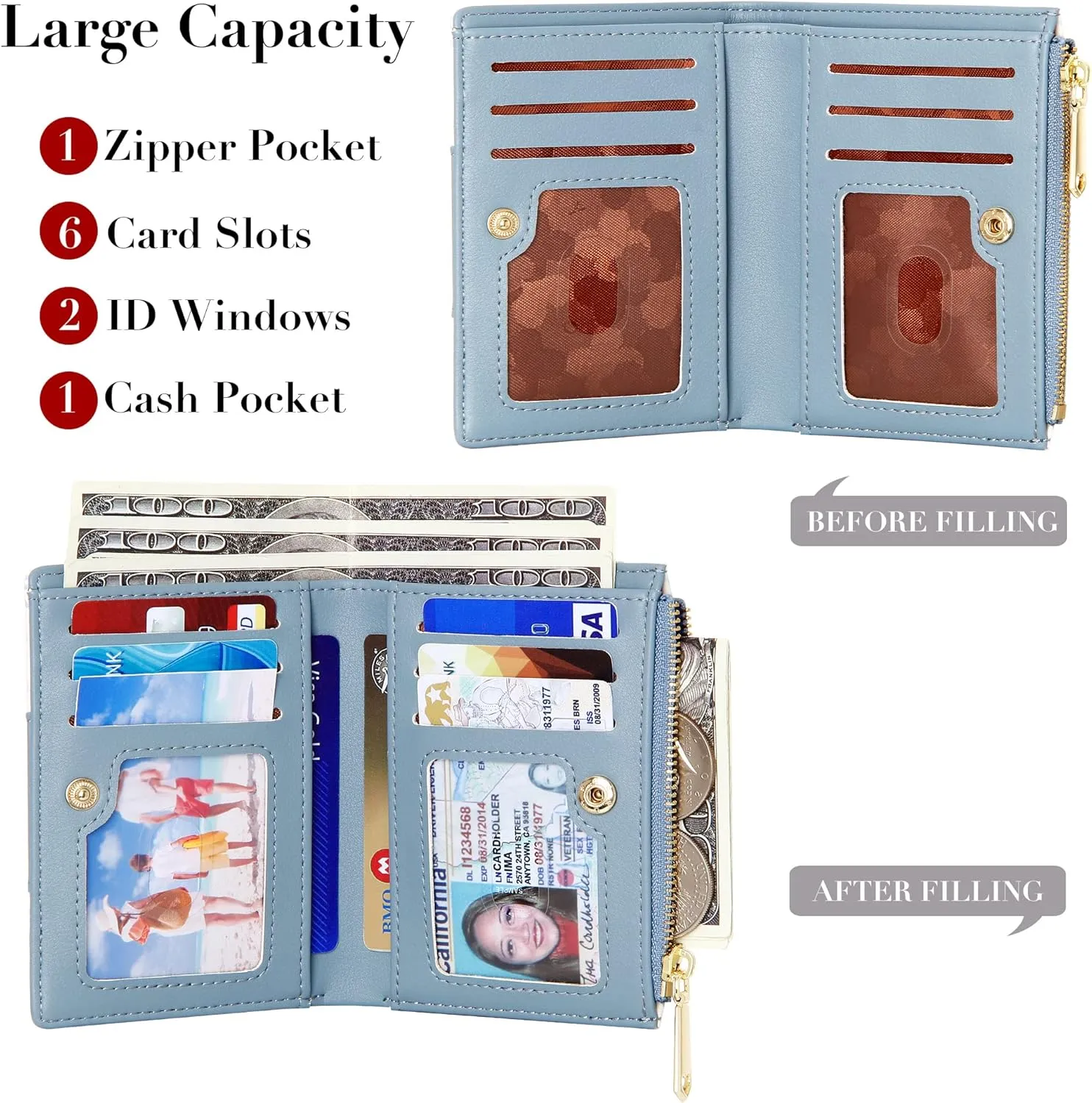 OIDERY Small Card Holder Wallet for Women, Bifold Compact Wallet with ID Window-Womens Wallet with Zipper Purse