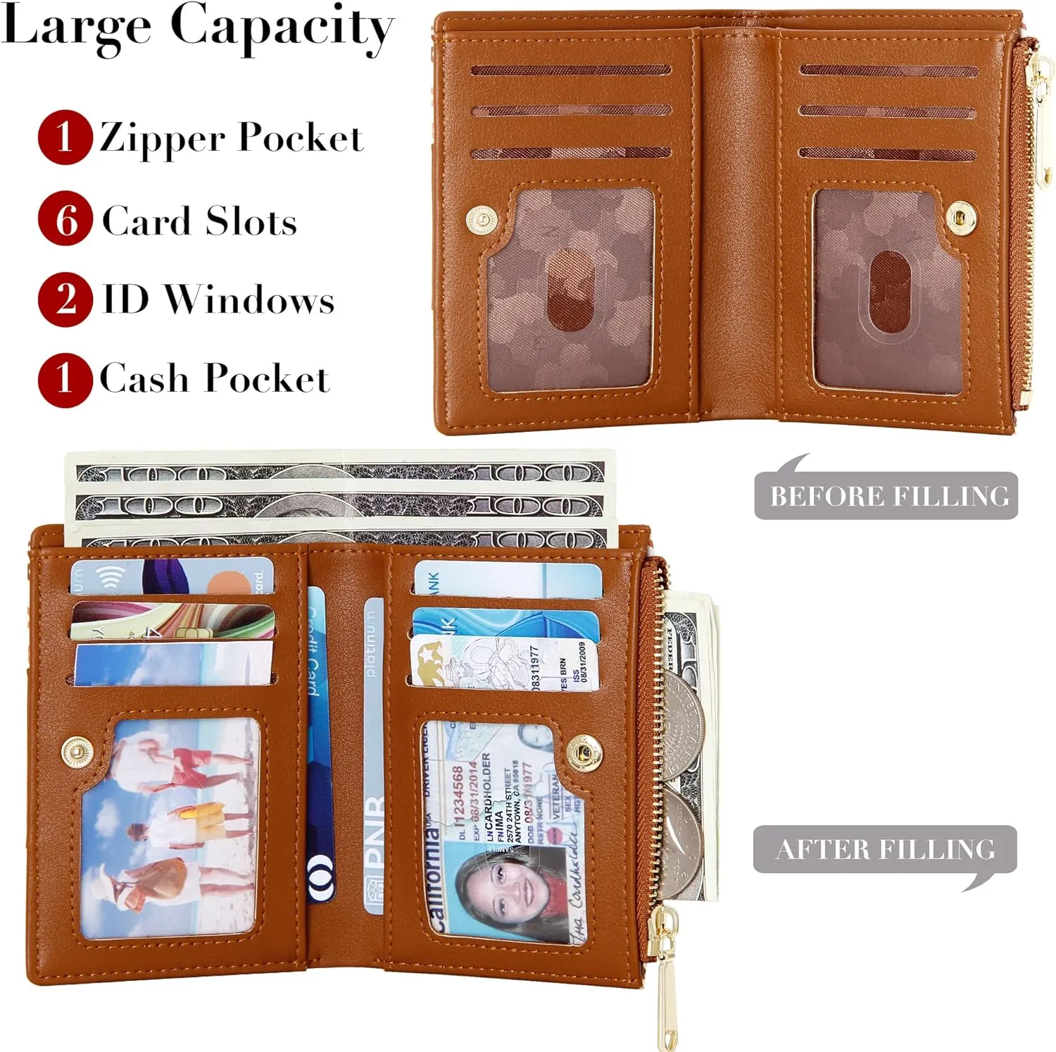 OIDERY Small Card Holder Wallet for Women, Bifold Compact Wallet with ID Window-Womens Wallet with Zipper Purse