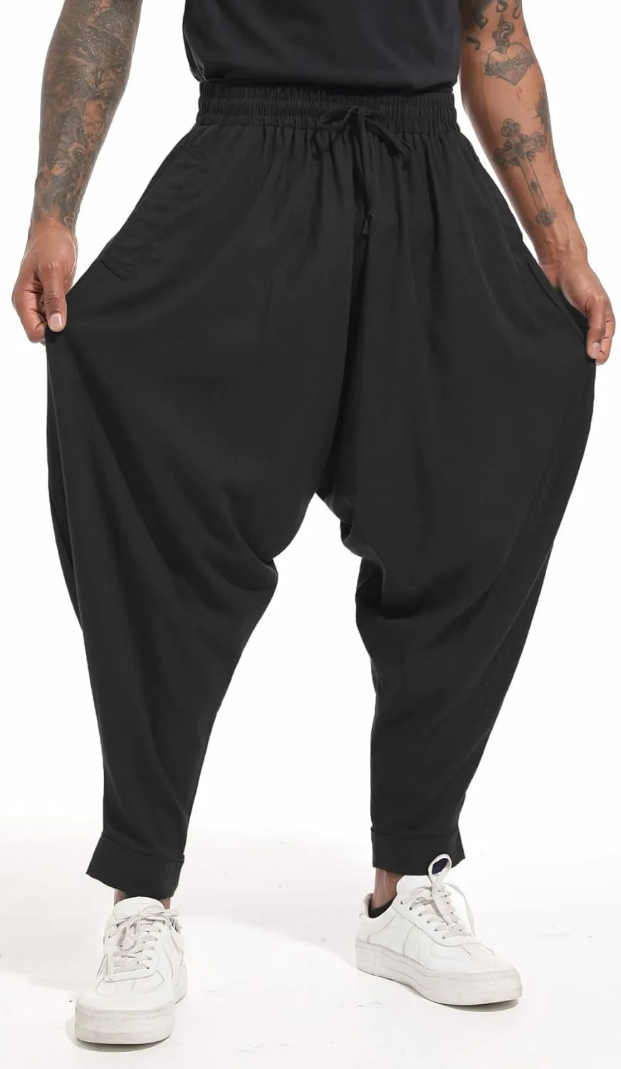 PACEIADTA Mens Casual Harem Pants Baggy Aladdin Hippie Elastic Waist Drop Crotch Trousers