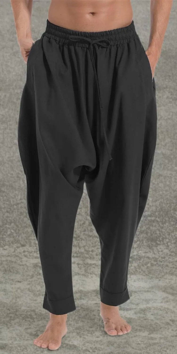 PACEIADTA Mens Casual Harem Pants Baggy Aladdin Hippie Elastic Waist Drop Crotch Trousers
