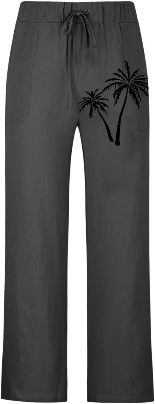 Palm Tree Print Cotton Linen Pants for Mens Slim Fit Straight-Leg Beach Pant Summer Casual Drawstring Trousers