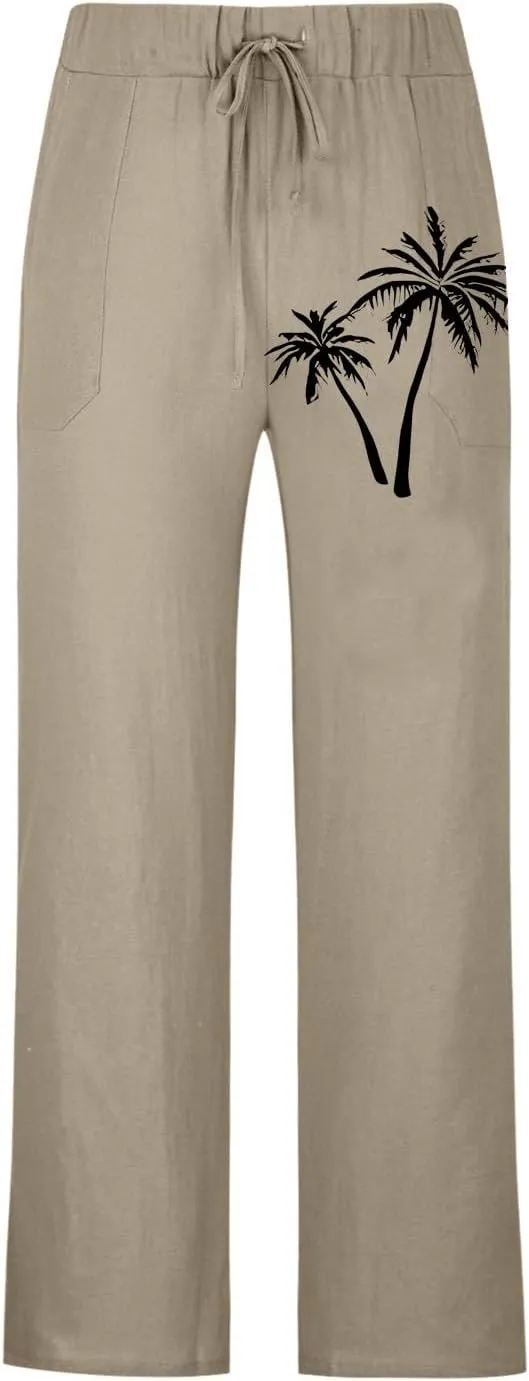 Palm Tree Print Cotton Linen Pants for Mens Slim Fit Straight-Leg Beach Pant Summer Casual Drawstring Trousers