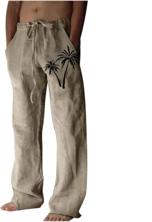 Palm Tree Print Cotton Linen Pants for Mens Slim Fit Straight-Leg Beach Pant Summer Casual Drawstring Trousers
