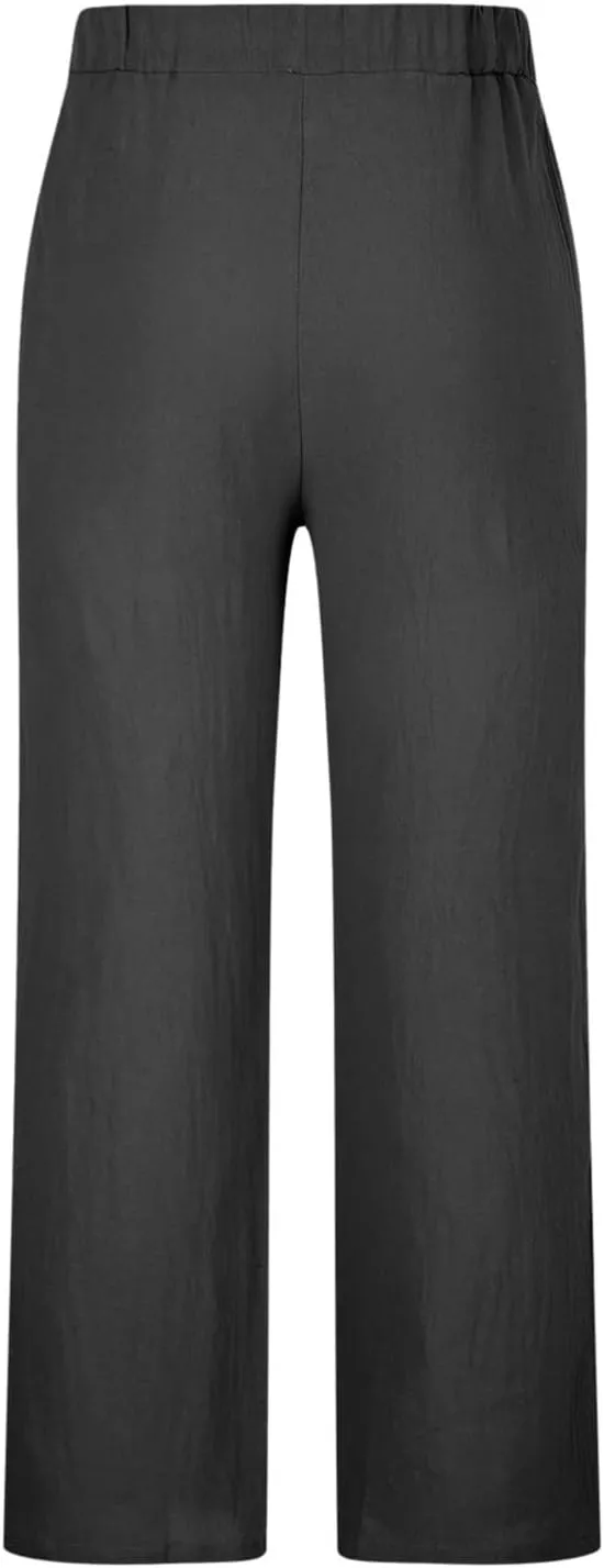 Palm Tree Print Cotton Linen Pants for Mens Slim Fit Straight-Leg Beach Pant Summer Casual Drawstring Trousers