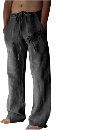 Palm Tree Print Cotton Linen Pants for Mens Slim Fit Straight-Leg Beach Pant Summer Casual Drawstring Trousers