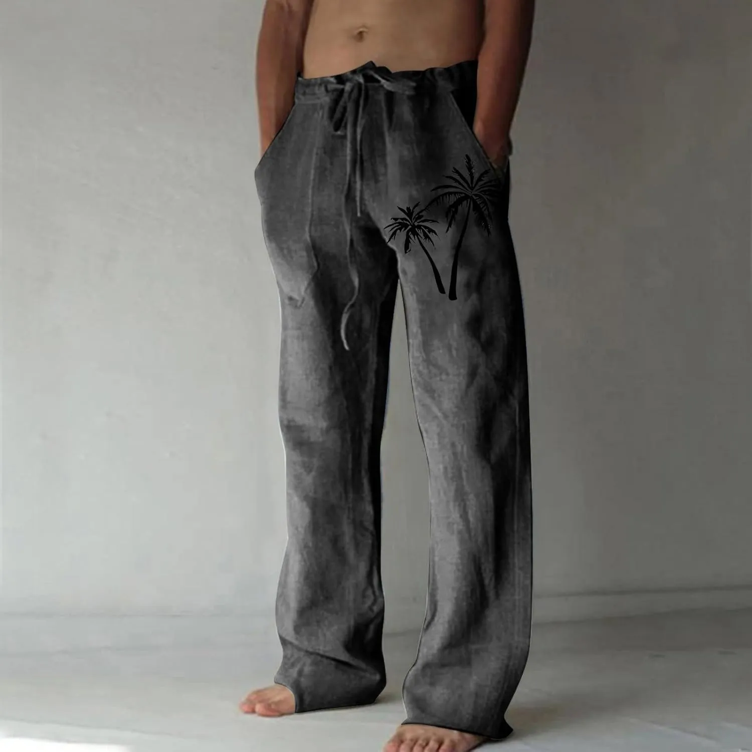 Palm Tree Print Cotton Linen Pants for Mens Slim Fit Straight-Leg Beach Pant Summer Casual Drawstring Trousers