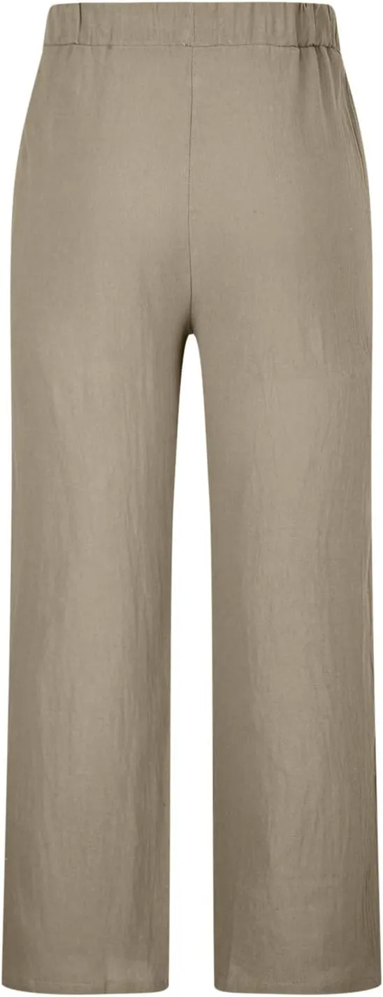 Palm Tree Print Cotton Linen Pants for Mens Slim Fit Straight-Leg Beach Pant Summer Casual Drawstring Trousers