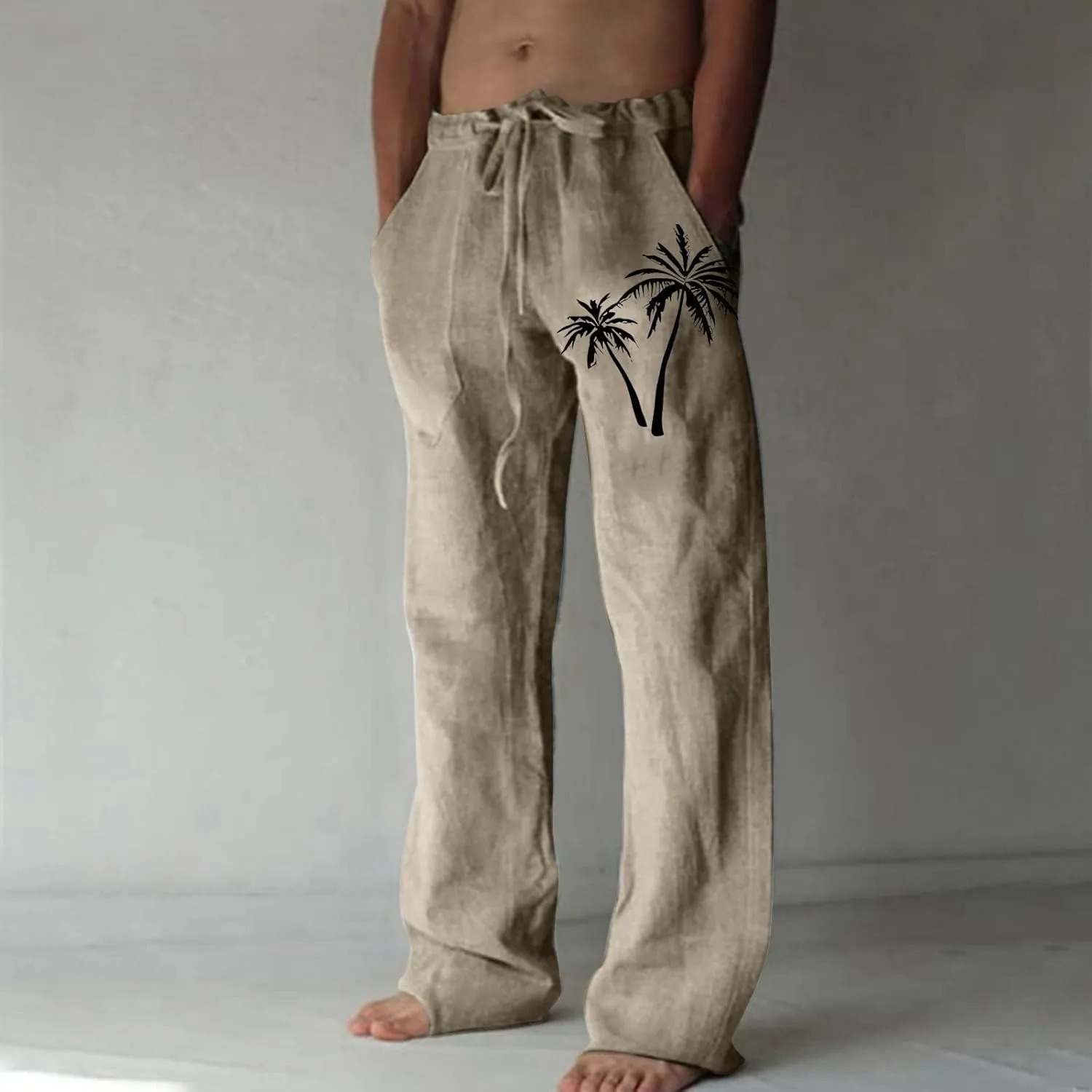 Palm Tree Print Cotton Linen Pants for Mens Slim Fit Straight-Leg Beach Pant Summer Casual Drawstring Trousers