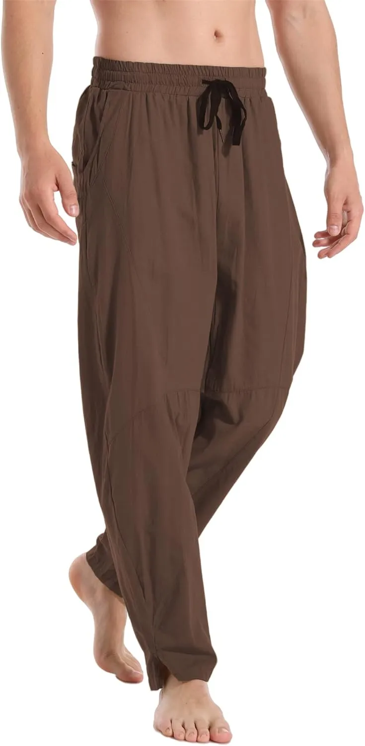 perdontoo Men's Linen Cotton Loose Fit Casual Lightweight Elastic Waist Summer Beach Pants