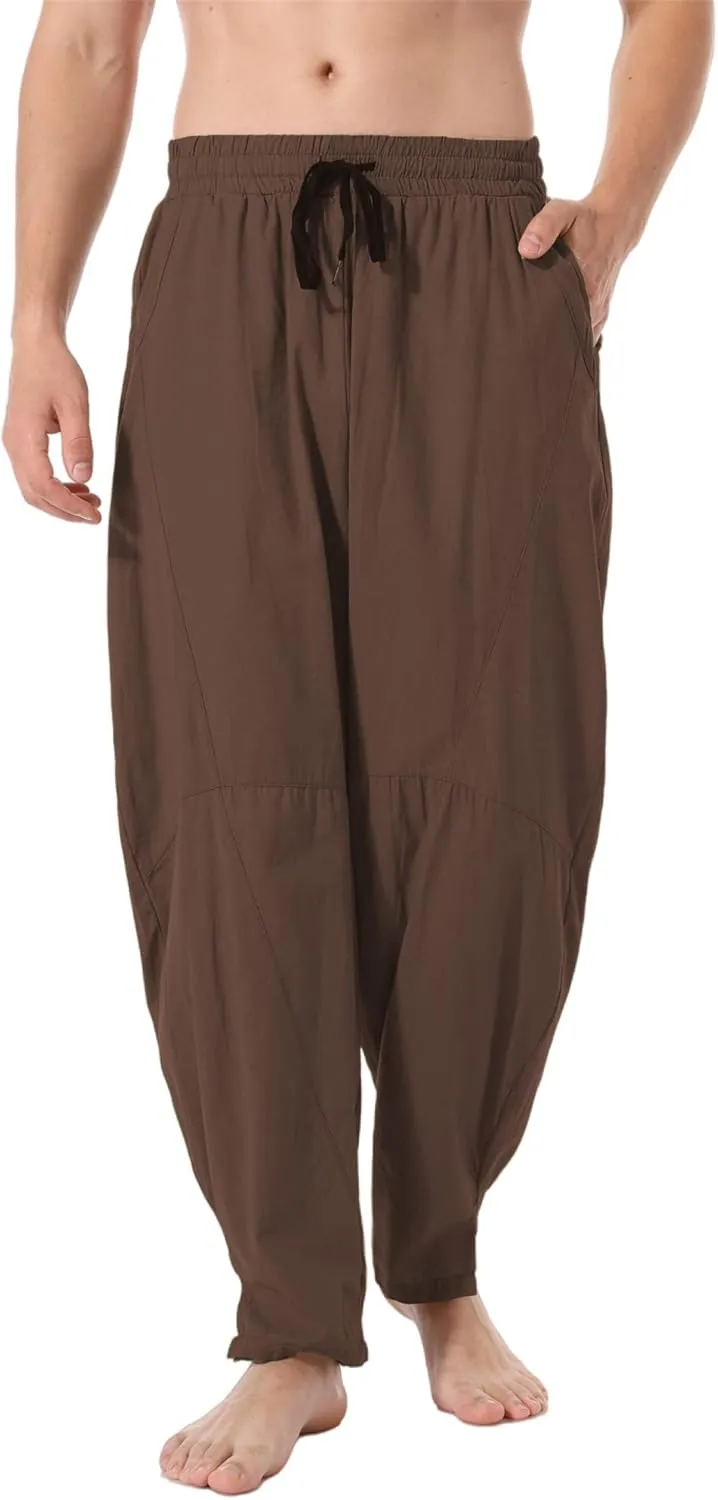 perdontoo Men's Linen Cotton Loose Fit Casual Lightweight Elastic Waist Summer Beach Pants