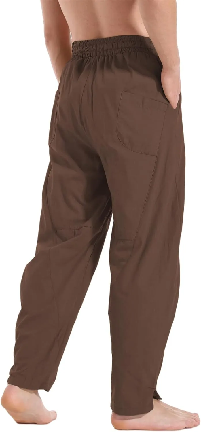 perdontoo Men's Linen Cotton Loose Fit Casual Lightweight Elastic Waist Summer Beach Pants