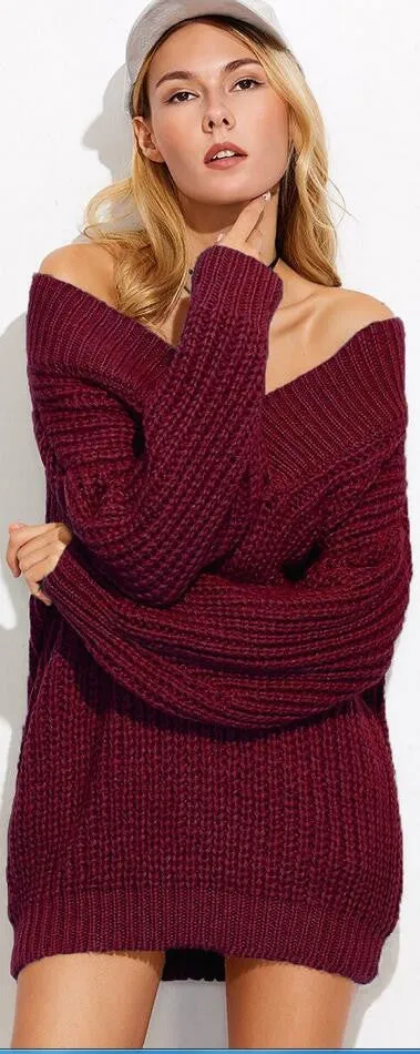 Personality Deep V Neck Loose Pure Color Chunky Knit Sweater