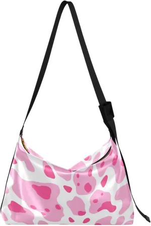 Pink Cow Spots Shoulder Bag for Women Waterproof PU Leather Hobo Bags Crossbody Purse with Zipper Closure