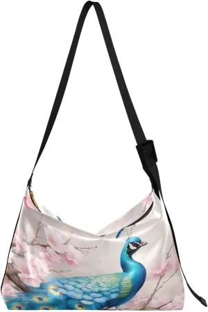 Pink Flowers Floral Peacock Crossbody Bag for Women Men with Adjustable Strap PU Leather Shoulder Hobo Purse Bag 20848333