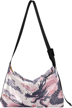 Pink Japanese Dragon Shoulder Bag for Women Waterproof PU Leather Hobo Bags Crossbody Purse with Zipper Closure