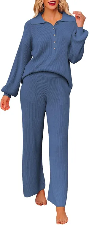 Pink Queen Women's 2 Piece Outfit Sweater Set Long Sleeve Button Knit Pullover Top Wide Leg Pants Pocket Sweatsuit