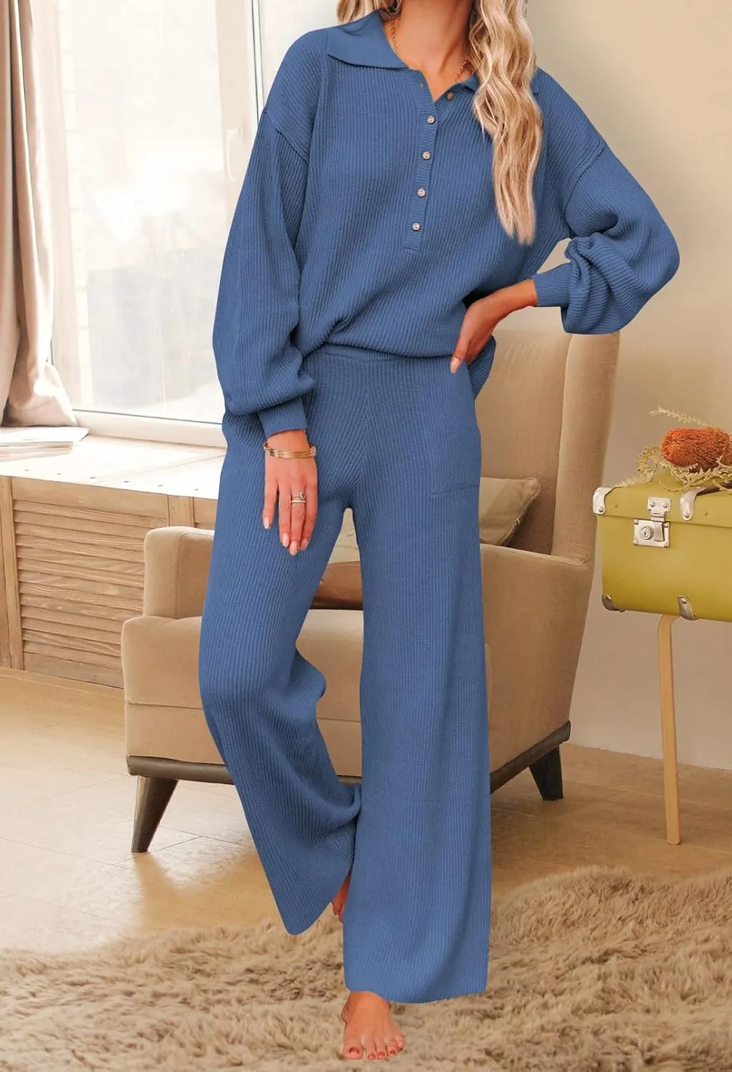 Pink Queen Women's 2 Piece Outfit Sweater Set Long Sleeve Button Knit Pullover Top Wide Leg Pants Pocket Sweatsuit