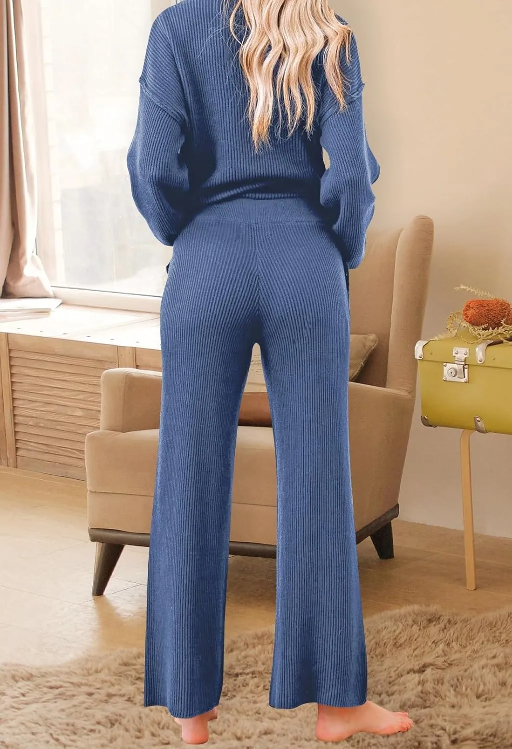 Pink Queen Women's 2 Piece Outfit Sweater Set Long Sleeve Button Knit Pullover Top Wide Leg Pants Pocket Sweatsuit