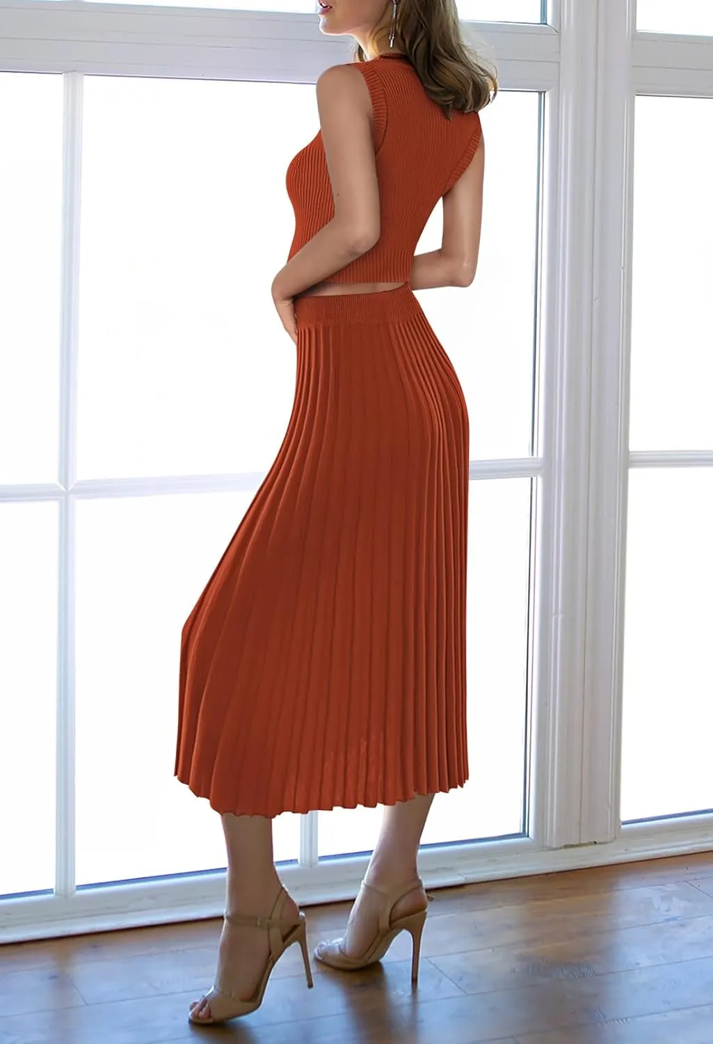 Pink Queen Women's 2 Piece Sweater Outfits Stylish Sleeveless Crop Top Ribbed Split Bodycon Midi Skirt Set Knit Dress
