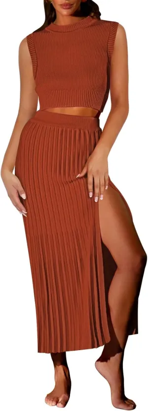 Pink Queen Women's 2 Piece Sweater Outfits Stylish Sleeveless Crop Top Ribbed Split Bodycon Midi Skirt Set Knit Dress