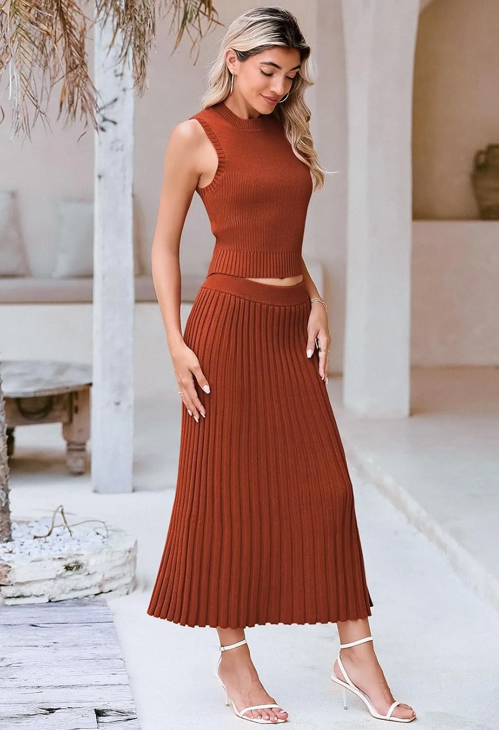 Pink Queen Women's 2 Piece Sweater Outfits Stylish Sleeveless Crop Top Ribbed Split Bodycon Midi Skirt Set Knit Dress