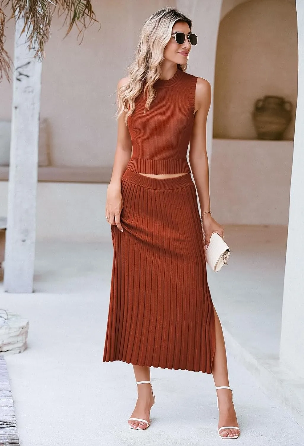 Pink Queen Women's 2 Piece Sweater Outfits Stylish Sleeveless Crop Top Ribbed Split Bodycon Midi Skirt Set Knit Dress